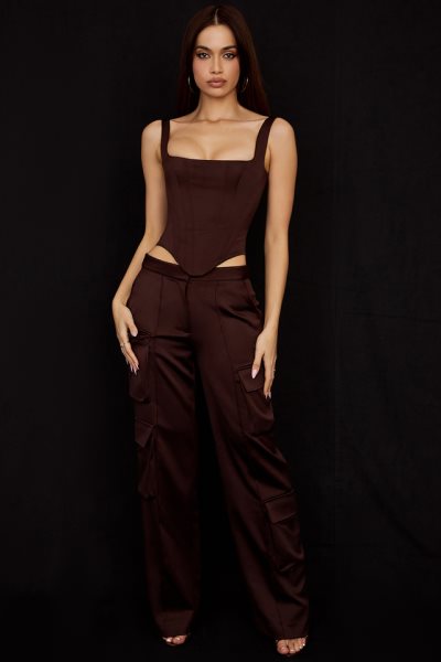 House of CB Daria Chocolate Satin Cargo Trousers XTP20Z939 Clothing