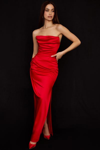 House of CB Adrienne Scarlet Satin Strapless Gown XTP20Z507 Clothing