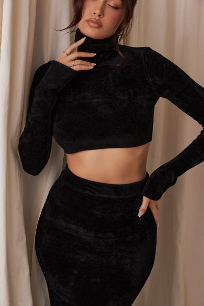 House of CB Suri Black Chenille Cropped Top XTP20Z689 Clothing